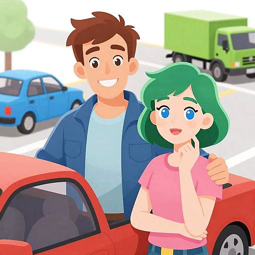 Vibrant Couple with Colorful Vehicles