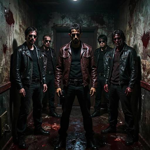 Photograph of four intense, dark-haired men in black leather jackets with bloodstains, standing in a grimy, dimly-lit, blood