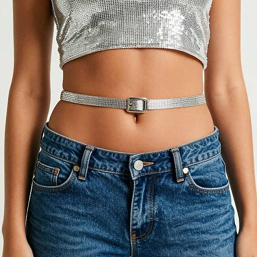 Photograph of a woman's midsection wearing a silver sequin crop top, silver belt with buckle, and high-waisted blue denim jeans.