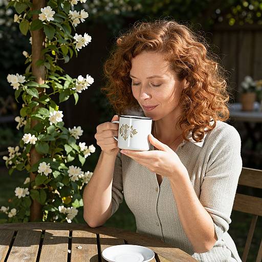 Woman Enjoying Tea in Garden Terrace