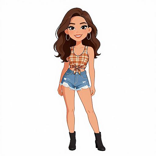 Cartoon-style illustration of a smiling woman with long brown hair, wearing a plaid crop top, denim shorts, and black ankle boots.