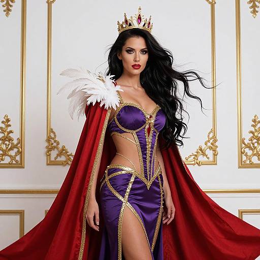 Regal Woman in Purple and Gold Costume with Red Cape