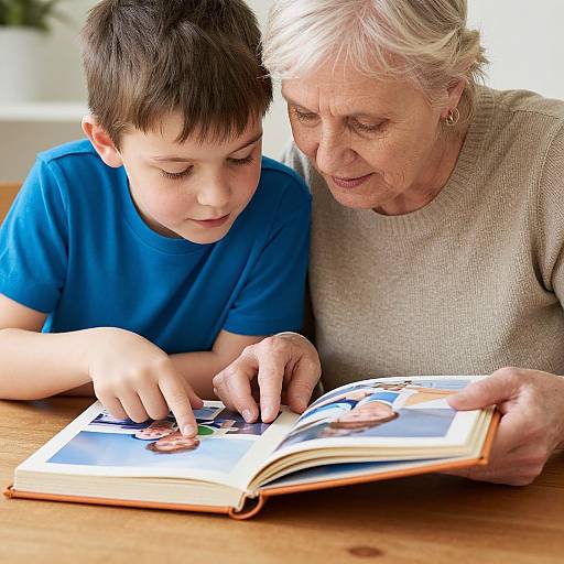 Photograph of an elderly woman with white hair and a beige sweater, sitting beside a young boy in a blue shirt, both intently looking at a
