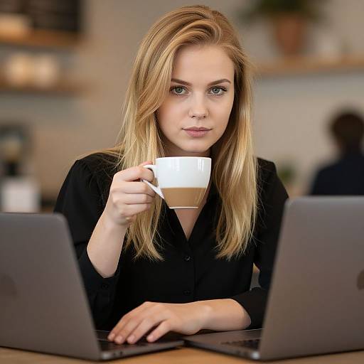 Photograph of a blonde woman with green eyes, wearing a black blouse, holding a white coffee cup, working on two laptops in a blurred café.