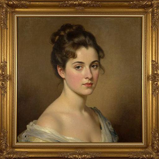 Classical portrait painting of a young woman with fair skin, dark hair in a bun, pink cheeks, and a soft blue shawl, framed in