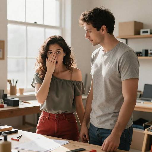 Surprised Woman and Supportive Man in Sunlit Workshop