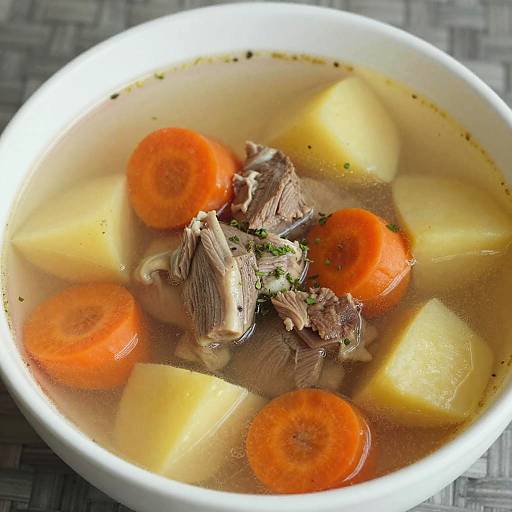 Photograph of a white bowl filled with beef, orange carrot slices, and yellow potato chunks in a clear broth.
