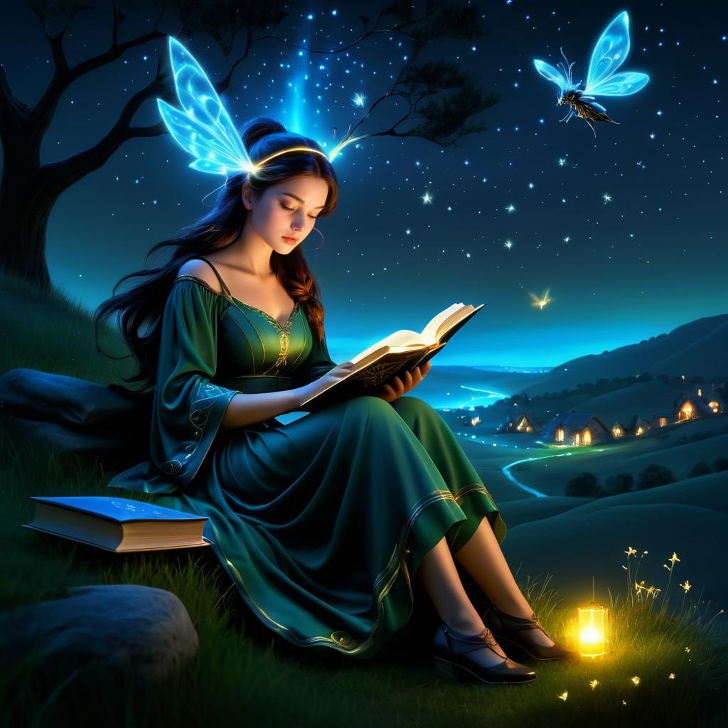 Ethereal Woman Reading Under Fireflies