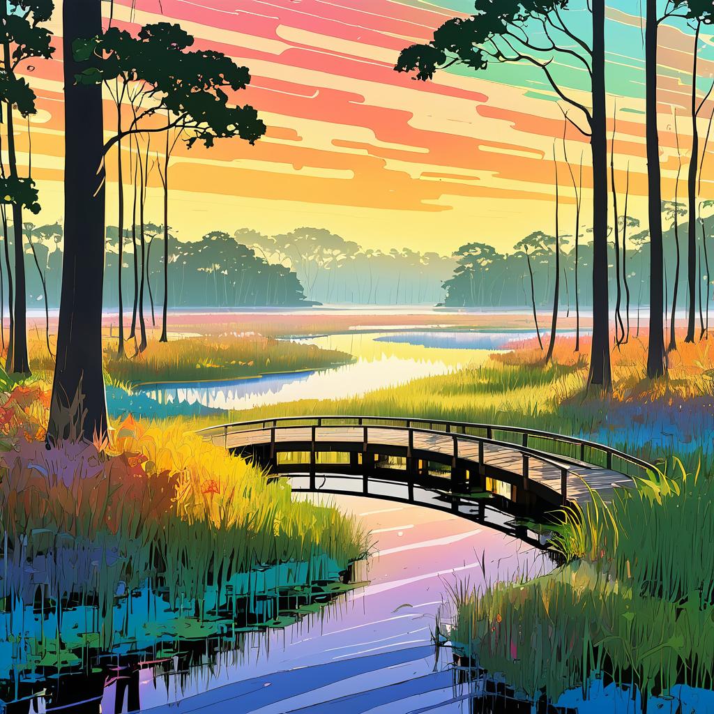 Whimsical Wetland Boardwalk Scene