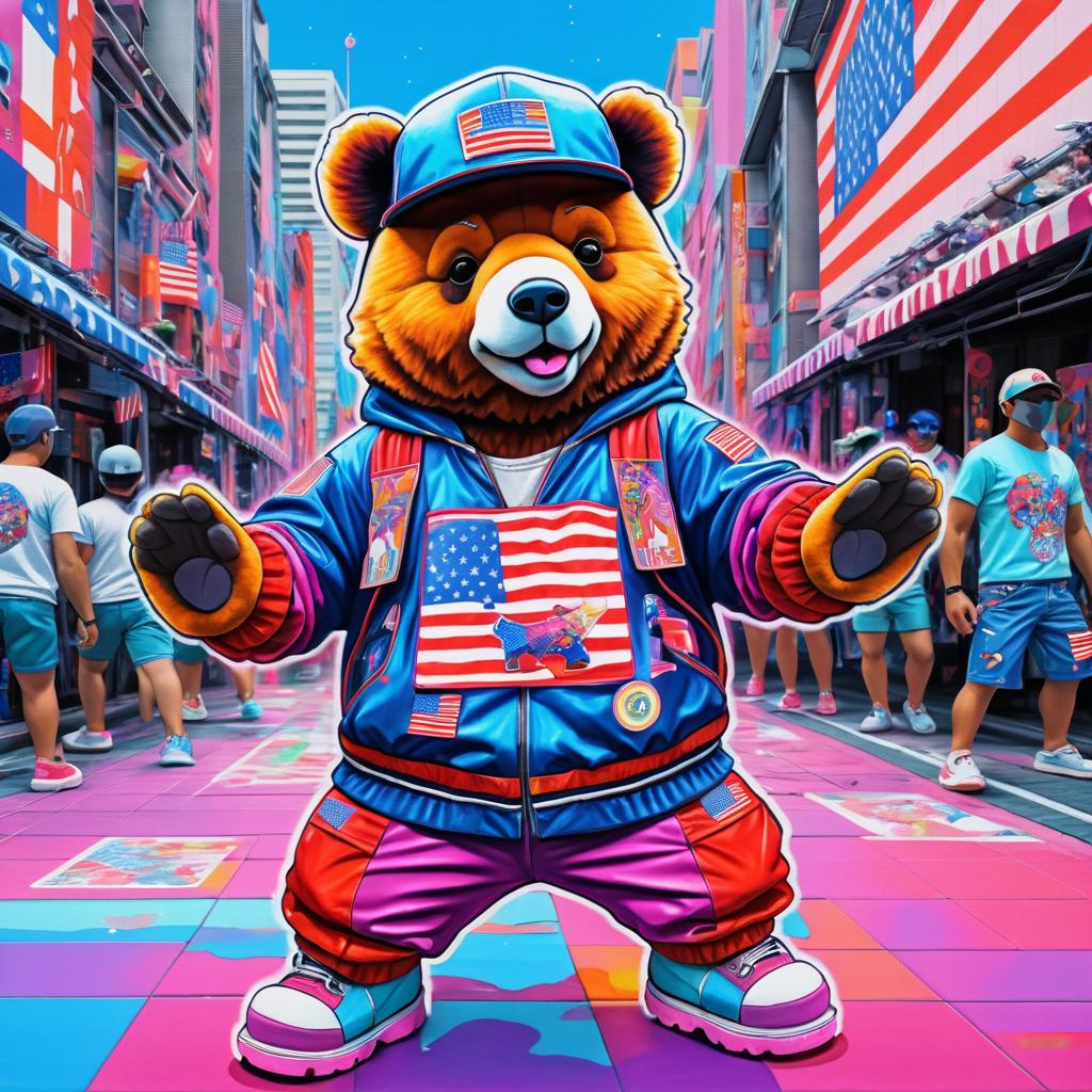 Vibrant Pop Art Bear in Cyberpunk Festival