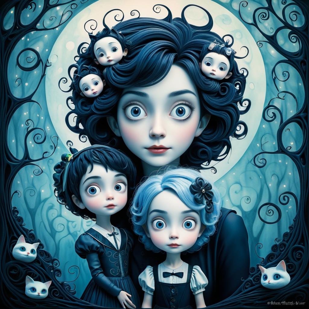 Whimsical Family Portrait in Burton-Miyazaki Style