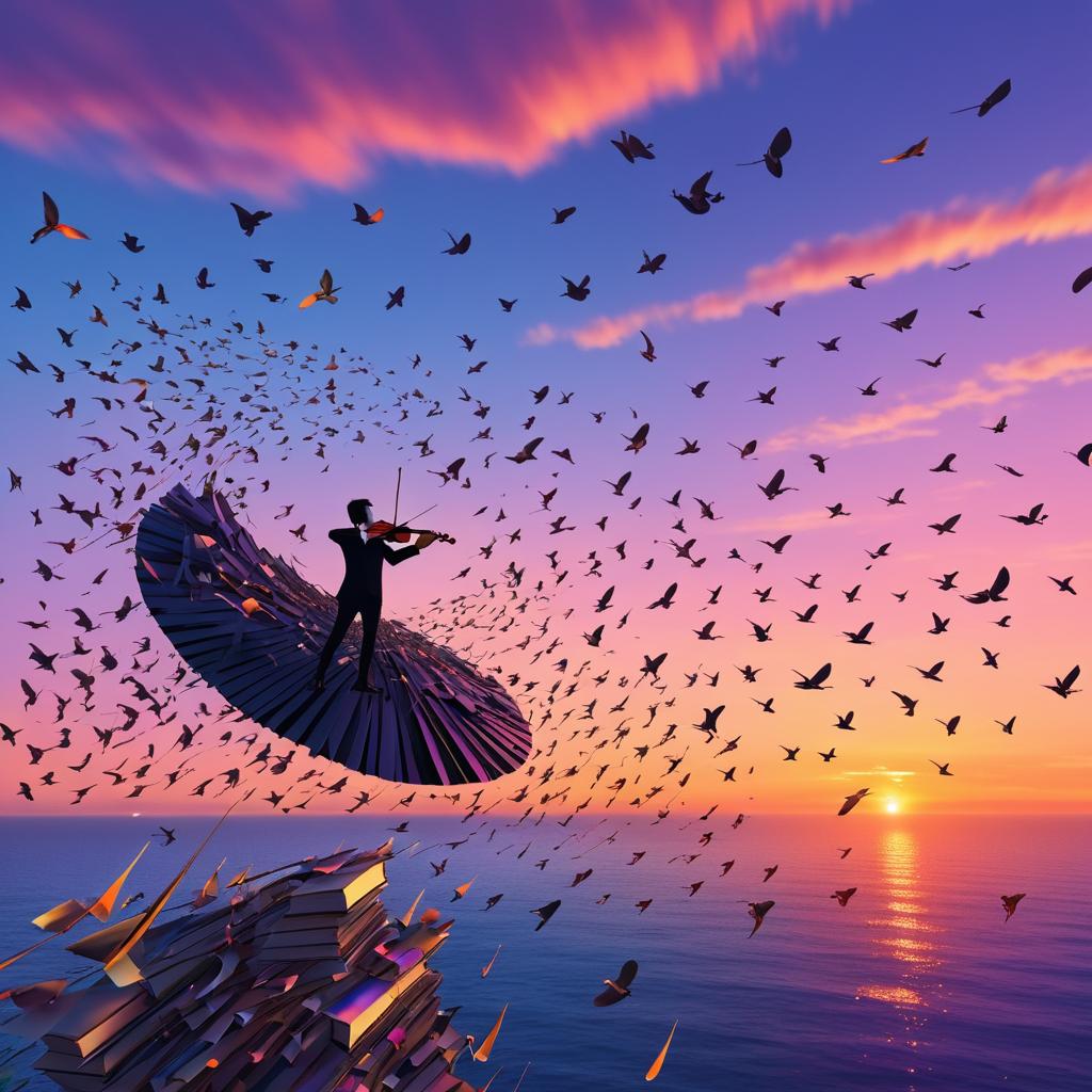 Surreal Violin and Bows in Sunset