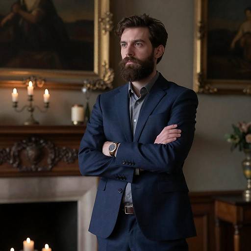 Bearded Man in Blue Suit Standing in Ornate Room