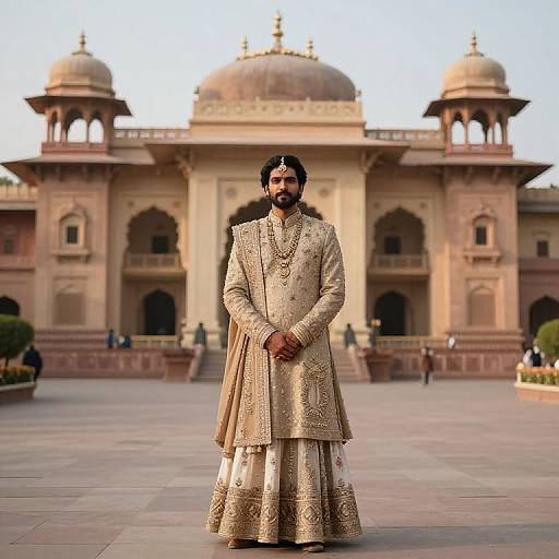 Photograph of a bearded South Asian man in ornate gold traditional attire standing in front of a grand, domed Mughal-style building.