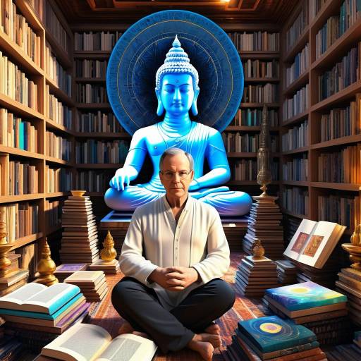 Meditating Man in Library with Blue Buddha Statue
