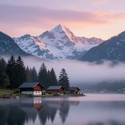 Photograph of serene alpine lake with snow-capped mountain, pink sunrise, misty forest, and reflection of wooden cabins on calm water.