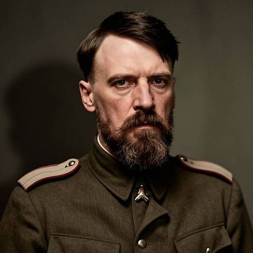 Photograph of a serious, bearded white man in a dark military uniform with beige shoulder epaulets, illuminated against a dark background.