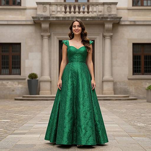 Photograph of a smiling woman with long brown hair in a vibrant green, lace, V-neck ball gown, standing on a stone courtyard in front of