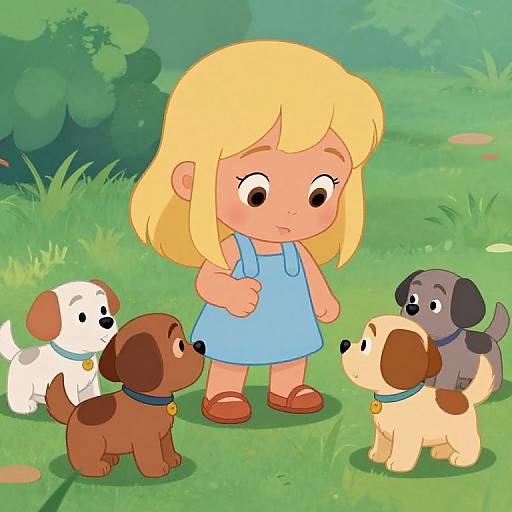 Cute Girl Playing with Puppies