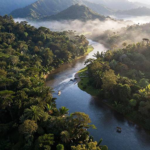 Aerial photograph of a lush, mist-covered jungle river winding through dense, green tropical forest with sunlight filtering through the trees.