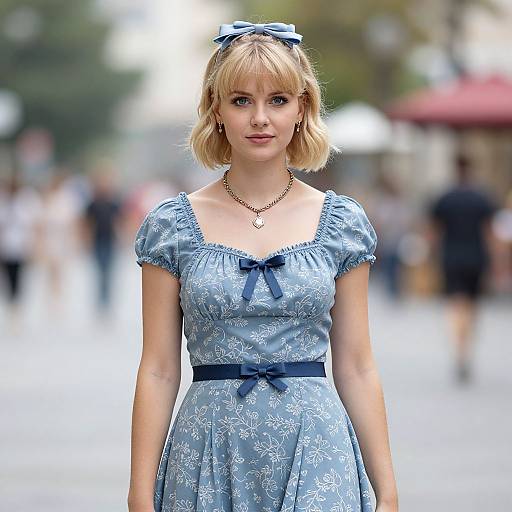 Blonde Girl in Blue Floral Dress