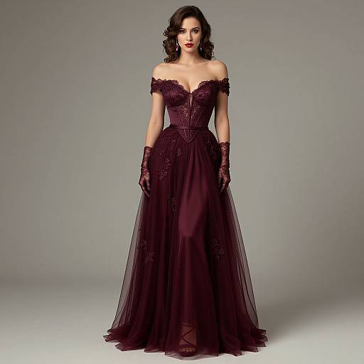 Photograph of a fair-skinned woman with dark wavy hair wearing an off-shoulder, deep purple lace gown and matching lace gloves, standing