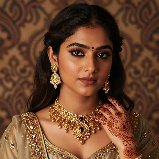 Photograph of a South Asian woman with dark hair, adorned in gold jewelry, intricate mehndi, and a traditional green gown, against a