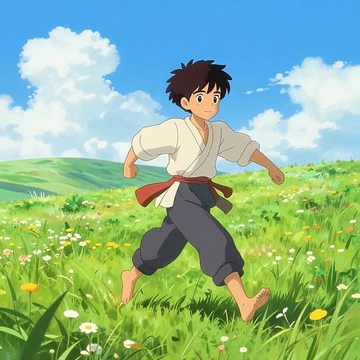 Anime-style drawing of a young boy with black hair, wearing a white karate gi and red belt, running barefoot through a vibrant green meadow