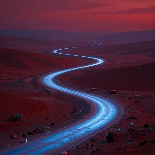 Photograph of a glowing blue light trail winding through a dark, desolate desert landscape at sunset, with a vibrant red and purple sky in the background