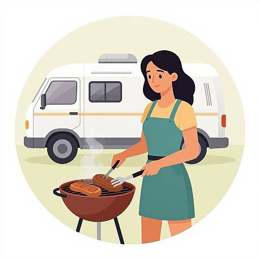 Digital illustration of a woman with black hair, wearing a green apron and yellow shirt, grilling meat on a red barbecue in front of a white
