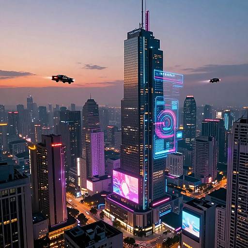 Neon-lit, futuristic cityscape at dusk featuring towering skyscrapers with vibrant digital billboards, illuminated roads, and flying drones against a purple