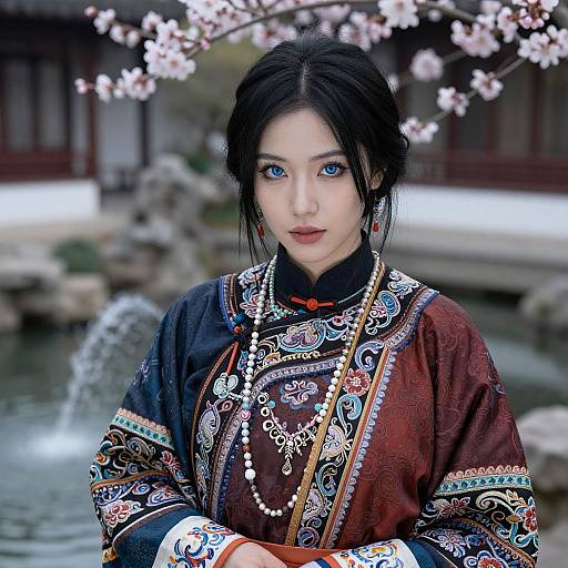 Photograph of an East Asian woman with blue eyes, black hair in a bun, wearing an intricately embroidered traditional red and blue Chinese robe, standing