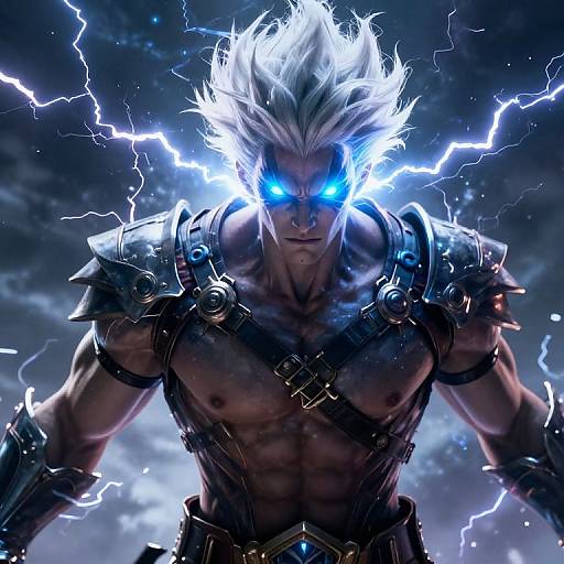Digital artwork of a muscular, white-haired man with glowing blue eyes and lightning bolts, wearing dark, metallic armor against a stormy sky.