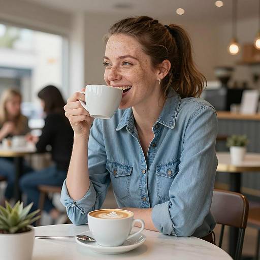 Cheerful Woman Enjoying Coffee in Café