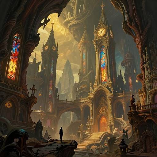 Fantastical gothic cathedral with glowing stained glass windows, ornate golden clock towers, and silhouetted figures in a misty, cloudy