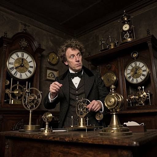 Photograph of a curly-haired man in a black Victorian suit, adjusting antique clock mechanisms in a dimly lit, wooden-paneled room.