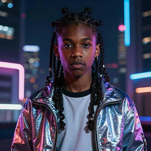 Photograph of a young Black boy with braided hair, wearing a shiny silver jacket over a white shirt, standing in a neon-lit cityscape
