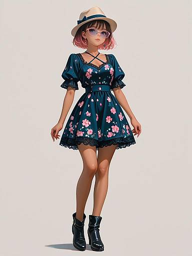 Woman in Blue Floral Mini Dress and Fedora