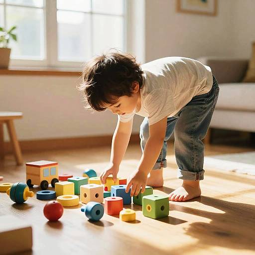 Photograph of a young boy with short brown hair, wearing a white shirt and blue jeans, bending over colorful children's blocks in a sunlit,