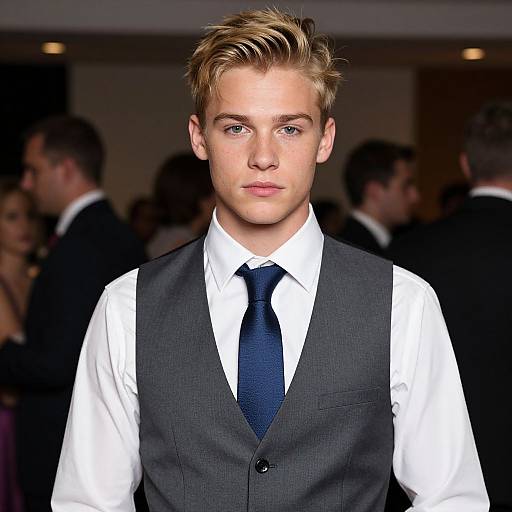 Photograph of a young, handsome, blond-haired man with blue eyes, wearing a white shirt, dark blue tie, and gray vest, standing in