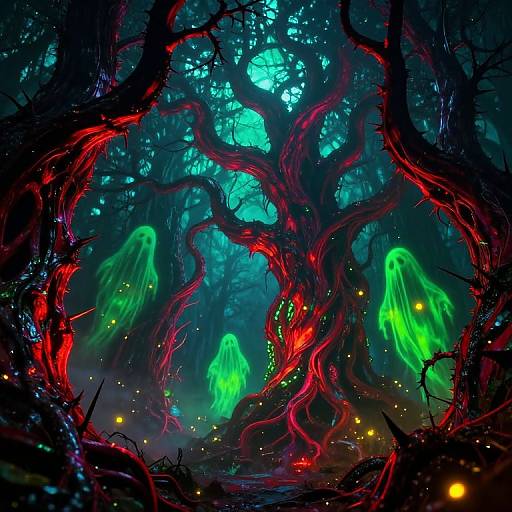 Digital fantasy artwork of a dark, eerie forest with glowing green ghostly figures, twisted red-black trees, and floating yellow fireflies under a bright blue