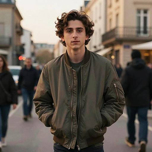 Young Man in Bomber Jacket on City Street