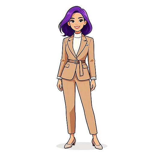 Digital anime-style illustration of a smiling woman with purple hair, wearing a beige blazer and pants, white turtleneck, and beige heels.
