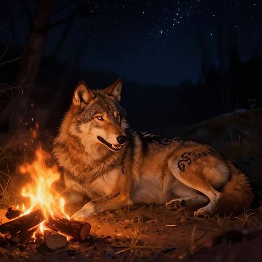 Photograph of a wolf with a tribal tattoo lying by a campfire at night, glowing orange flames contrasting with dark, starry sky.
