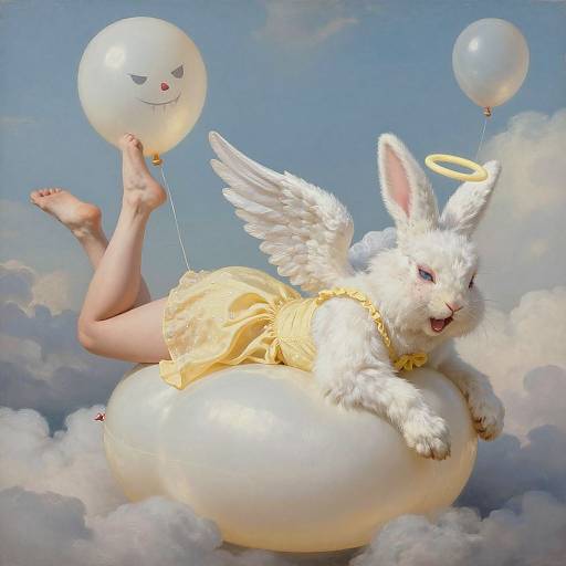 Digital illustration of a white, winged, angelic rabbit with a yellow halo, lying on a white balloon, holding two white balloons with smiling faces