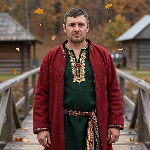 Photograph of a middle-aged man with short dark hair, wearing a red coat over a green embroidered shirt, standing on a wooden bridge in autumn with