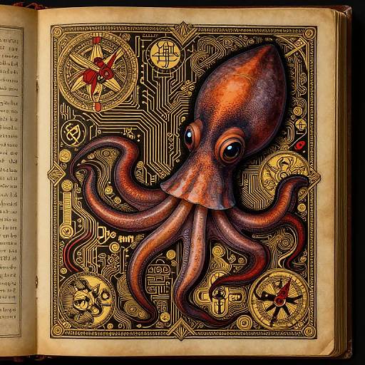 Detailed digital illustration of a vibrant, orange-brown octopus with large eyes, set against a steampunk-inspired, circuit board background on an antique