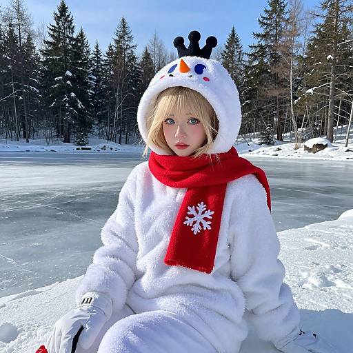 Photograph of a blonde child in a white snowsuit and red scarf with a winter hat, sitting on a frozen lake surrounded by snow-covered trees and