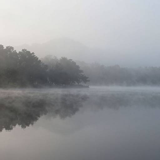 Foggy morning photograph of a calm lake reflecting mist-covered trees and grassy shorelines, with soft, diffused light and muted colors.