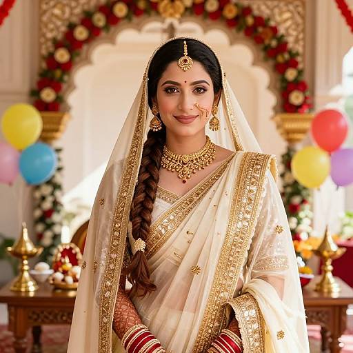 Photograph of a smiling Indian bride in a white and gold traditional saree with a braided hairstyle, adorned with jewelry, standing in an ornately